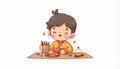 Cheerful Chibi Boy Crafting with Dried Flowers and Art Supplies Royalty Free Stock Photo