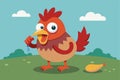 A cheerful chicken pecks at a worm while standing on grassy land, surrounded by fluffy clouds in a clear blue sky