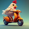 cheerful chicken on a scooter