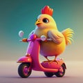 cheerful chicken on a scooter