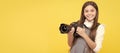 cheerful child girl take photo with digicam, photography. Child photographer with camera, horizontal poster, banner with Royalty Free Stock Photo