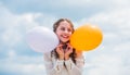 Cheerful child have fun. happy birthday party. small girl with party balloon. summer holidays and vacation. childhood Royalty Free Stock Photo