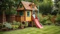 Cheerful child playing on modern playhouse in rural scene generated by AI Royalty Free Stock Photo