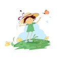 Cheerful child runs after a butterfly. A child walks in a meadow with flowers. Cheerful child in a hat. - Vector