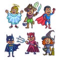 Cheerful children in creative halloween costumes illustrations set