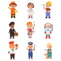Cheerful Children Depicting Different Professions Like Doctor and Firefighter Vector Set Royalty Free Stock Photo