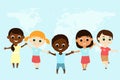 Cheerful children of different nationalities held hands on a blue background with a world map. Place for text. Royalty Free Stock Photo