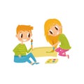 Cheerful children drawing picture. Tools for painting paper, brushes and paints. Cartoon kids characters. Flat vector