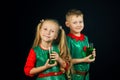 Kids fun in green costumes on St. Patrick`s day Royalty Free Stock Photo