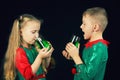 Kids fun in green costumes on St. Patrick`s day Royalty Free Stock Photo