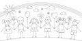 Cheerful children holding hands. Black and white linear contour drawing. Vector Royalty Free Stock Photo