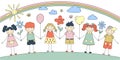 Cheerful children holding hands with flowers and balloons on a rainbow background. Vector Royalty Free Stock Photo