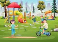 Cheerful children playing on playground with ball, swing, bicycle and sandbox