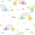 Cheerful children\'s seamless pattern with a rainbow, stars, clouds, emotions.