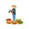 Chinese farmer selling fresh vegetables and fruits. Young man in Asian conical hat. Street seller. Flat vector design