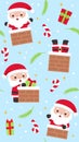 Cheerful Christmas Seamless Pattern with Santa Climbing Chimneys Candy Canes Gift Boxes and Pine Branches on Light Blue Background Royalty Free Stock Photo