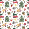 Cheerful Christmas seamless pattern with watercolor cute fox, holiday tree, gifts, red delivery car, stars, holly Royalty Free Stock Photo
