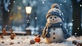 A Cheerful Christmas Snowman with Scarf and Hat in a Winter Snowy Scene