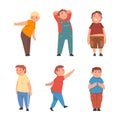 Cheerful chubby male characters set. Happy overweight young men in casual clothes cartoon vector illustration