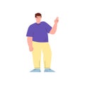 Cheerful chubby man showing victory gesture flat vector illustration isolated.