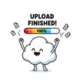 Happy cloud character celebrating completed file upload with progress bar and digital devices illustration Royalty Free Stock Photo