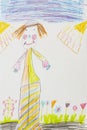 Cheerful clown. Real drawing of a small child. Drawing by pencils.