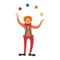 Cheerful clown stand juggling color ball, character male jester isolated on white, flat vector illustration. Circus performance