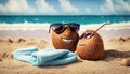 cheerful coconuts on summer sandy sunny beach suitable as background