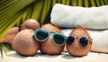 cheerful coconuts on summer sandy sunny beach suitable as background