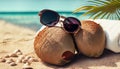 cheerful coconuts on summer sandy sunny beach suitable as background