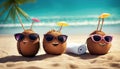 cheerful coconuts on summer sandy sunny beach suitable as background