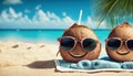 cheerful coconuts on summer sandy sunny beach suitable as background