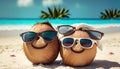 cheerful coconuts on summer sandy sunny beach suitable as background