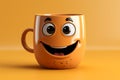 Cheerful coffee cup character grinning, set on yellow backdrop Ample copy area Royalty Free Stock Photo