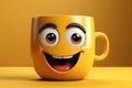 Cheerful coffee cup character grinning, set on yellow backdrop Ample copy area Royalty Free Stock Photo