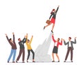 Cheerful Colleagues Rejoice See Off Cool Businesswoman Take Off like a Rocket in Sky with Raised Hand, Career Boost