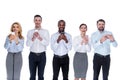 Cheerful colleagues standing in one line with their phones