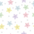 Cheerful colored cute stars with emotions, children\'s seamless pattern in soft pastel colors.