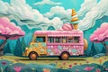 A cheerful colored ice cream van. 3d illustration