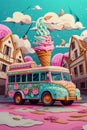 A cheerful colored ice cream van. 3d illustration