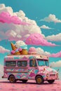 A cheerful colored ice cream van. 3d illustration