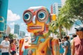 A cheerful colored robot walks along a city street against a background of many people