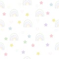 Cheerful colored stars and rainbow, childish seamless pattern in soft pastel colors.