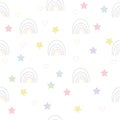 Cheerful colored stars and rainbow, childish seamless pattern in soft pastel colors. Royalty Free Stock Photo