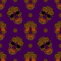 Cheerful colorful skull with floral ornament. Seamless patterns