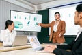 A cheerful and confident Asian businesswoman stands, present bar charts data from projector screen to her office colleagues. Royalty Free Stock Photo