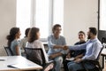 Cheerful confident business colleagues men shaking hands with recognition Royalty Free Stock Photo