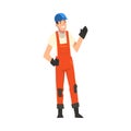 Cheerful Construction Worker, Male Builder Character Wearing Uniform and Protective Helmet Building House Cartoon Vector Royalty Free Stock Photo