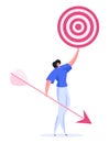 Happy woman with arrow and target. Flat vector illustration