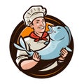 Cheerful cook with fish. Seafood, food logo or label. Cartoon vector illustration